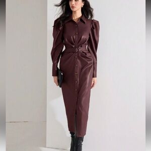 Long Sleeve Button-Front Faux Leather Midi Dress in Deep Burgundy